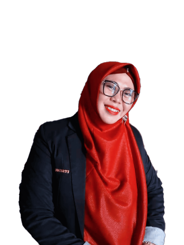 Gadis berhijab merah muda tersenyum percaya diri untuk promosi Arafah Raya Gemilang.